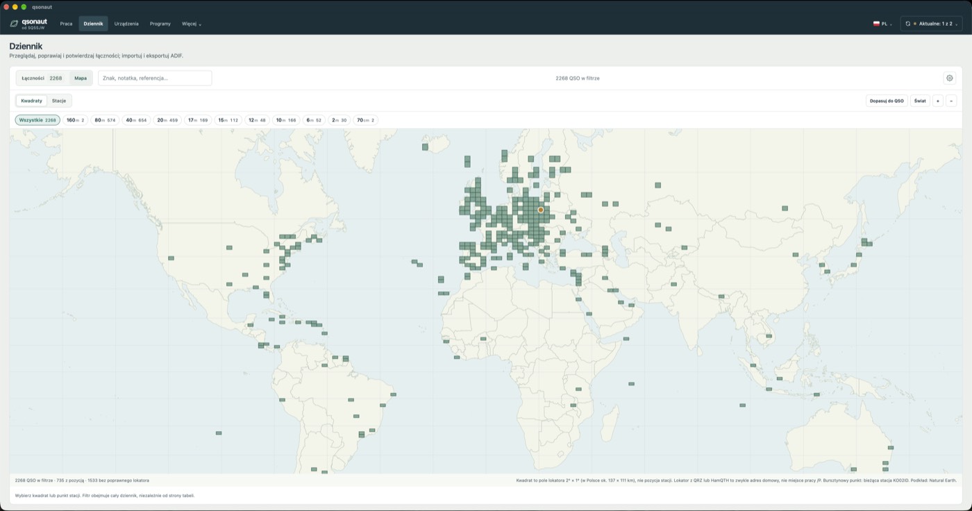 The log as a map: locator squares and a band filter with contact counts